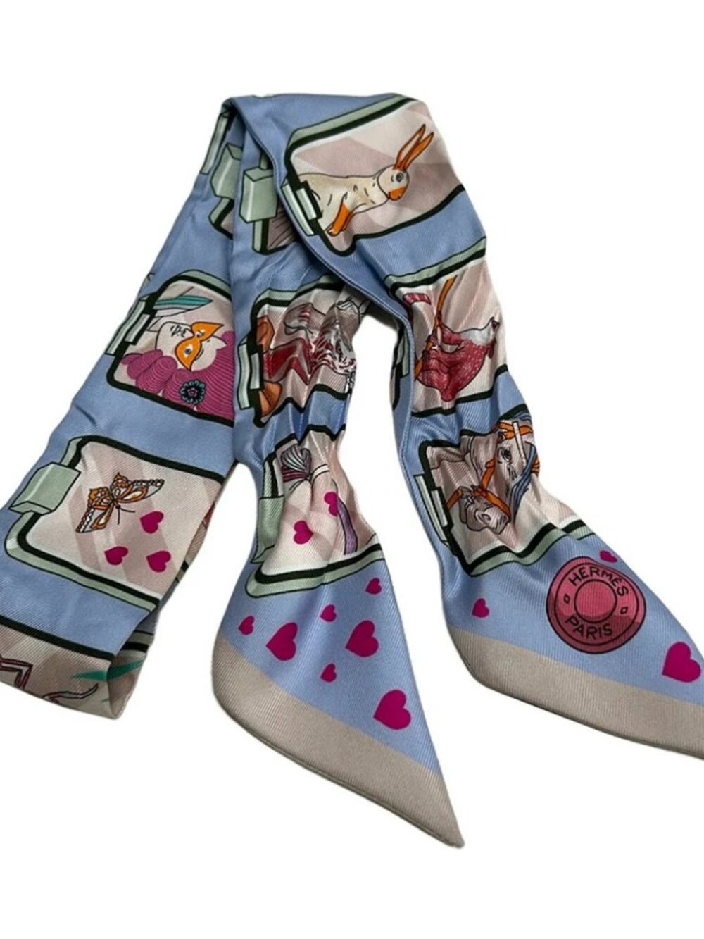 HERMES Twilly Light Blue Beige Multi Silk Scarf